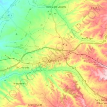 Topografische kaart Cervera, hoogte, reliëf