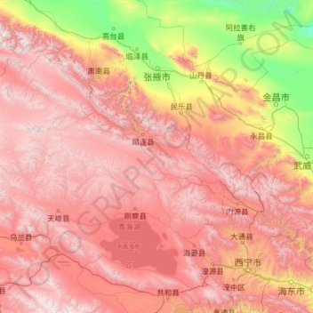 Topografische kaart Haibei Tibetan Autonomous Prefecture, hoogte, reliëf