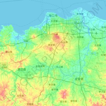 Topografische kaart Haikou City, hoogte, reliëf