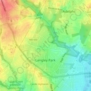 Topografische kaart Langley Park, hoogte, reliëf