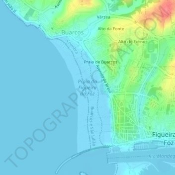 Topografische kaart Praia da Figueira da Foz, hoogte, reliëf