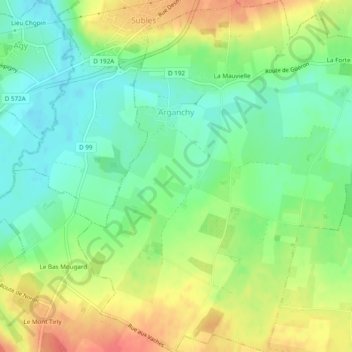 Topografische kaart Arganchy, hoogte, reliëf