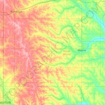 Topografische kaart Wayne County, hoogte, reliëf