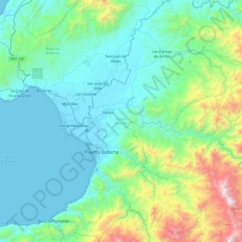Topografische kaart Puerto Vallarta, hoogte, reliëf