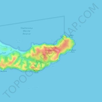Topografische kaart Tawharanui Regional Park, hoogte, reliëf