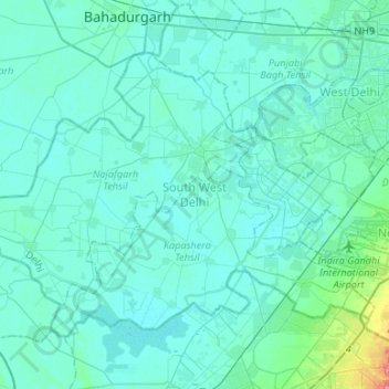 Topografische kaart South West Delhi, hoogte, reliëf