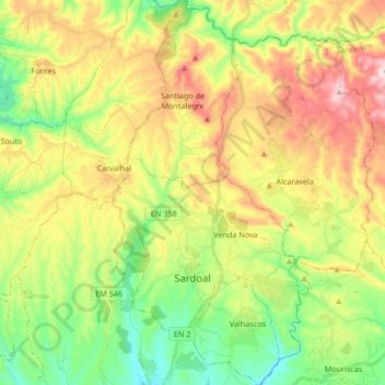 Topografische kaart Sardoal, hoogte, reliëf