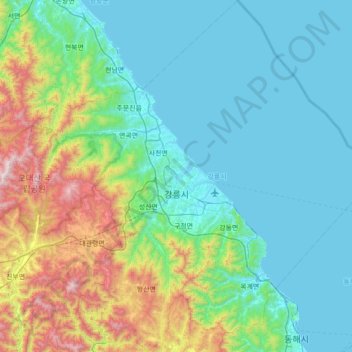 Topografische kaart Gangneung-si, hoogte, reliëf