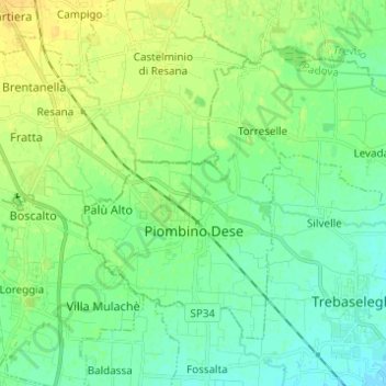 Topografische kaart Piombino Dese, hoogte, reliëf