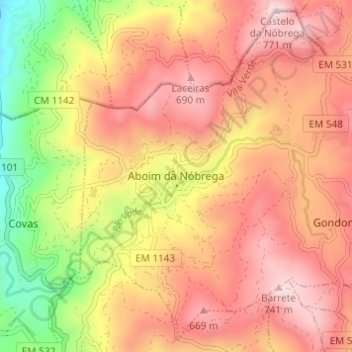 Topografische kaart Aboim da Nóbrega, hoogte, reliëf
