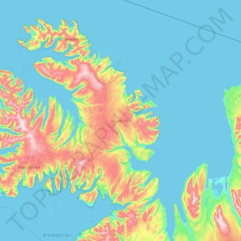 Topografische kaart Westfjords, hoogte, reliëf