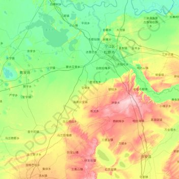 Topografische kaart Qian Gorlos Mongol Autonomous County, hoogte, reliëf
