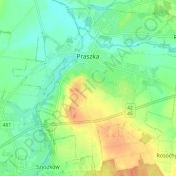 Topografische kaart Praszka, hoogte, reliëf