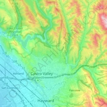 Topografische kaart Castro Valley, hoogte, reliëf