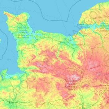 Topografische kaart Basse-Normandie, hoogte, reliëf
