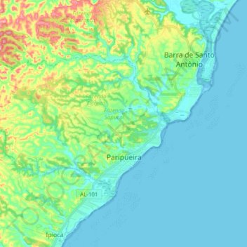 Topografische kaart Paripueira, hoogte, reliëf