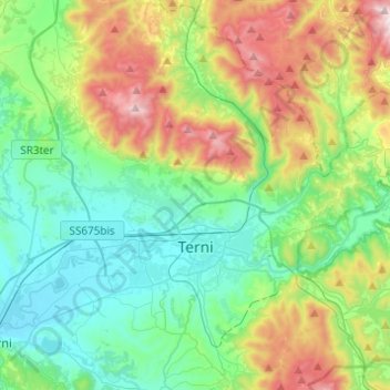 Topografische kaart Terni, hoogte, reliëf
