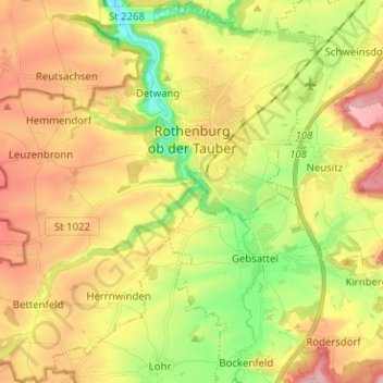 Topografische kaart Rothenburg ob der Tauber, hoogte, reliëf