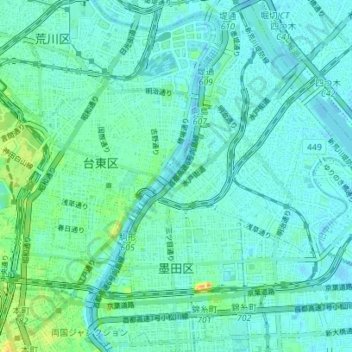 Topografische kaart Sumida, hoogte, reliëf