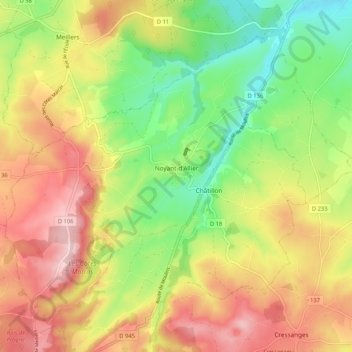 Topografische kaart Noyant-d'Allier, hoogte, reliëf