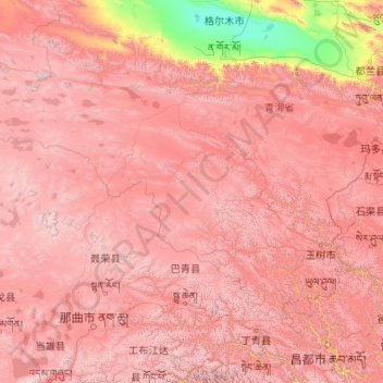 Topografische kaart Yushu Tibetan Autonomous Prefecture, hoogte, reliëf