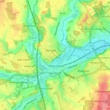 Topografische kaart Hertford, hoogte, reliëf