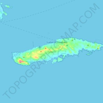 Topografische kaart Vieques, hoogte, reliëf