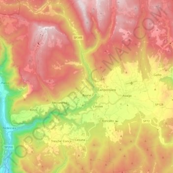 Topografische kaart Roana, hoogte, reliëf
