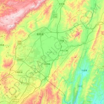 Topografische kaart Songming County, hoogte, reliëf