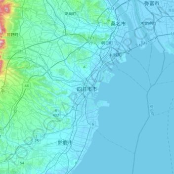 Topografische kaart Yokkaichi, hoogte, reliëf
