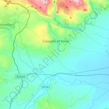 Topografische kaart Cassano all'Ionio, hoogte, reliëf
