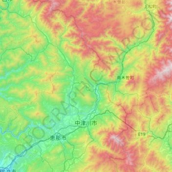 Topografische kaart Nakatsugawa, hoogte, reliëf