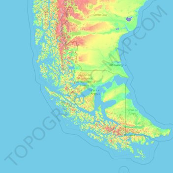 Topografische kaart Magallanes y la Antártica Chilena, hoogte, reliëf