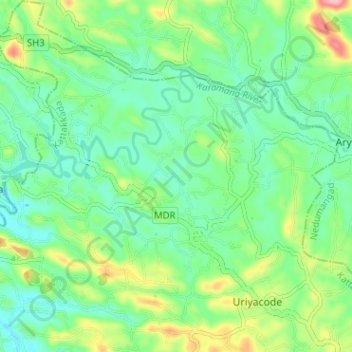 Topografische kaart Vellanad, hoogte, reliëf