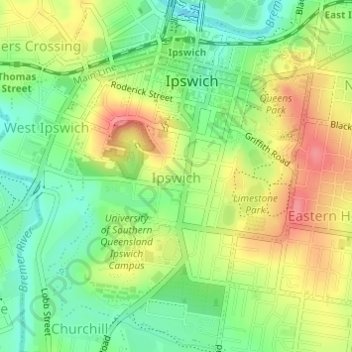 Topografische kaart Ipswich, hoogte, reliëf