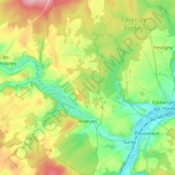 Topografische kaart Andryes, hoogte, reliëf
