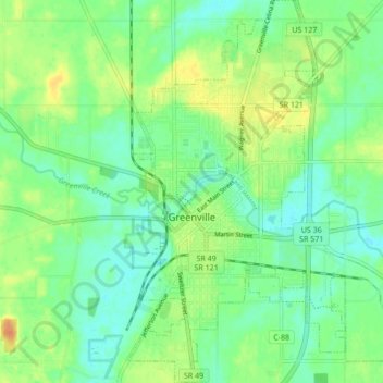 Topografische kaart Greenville, hoogte, reliëf