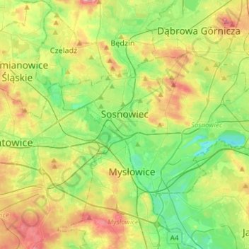 Topografische kaart Sosnowiec, hoogte, reliëf
