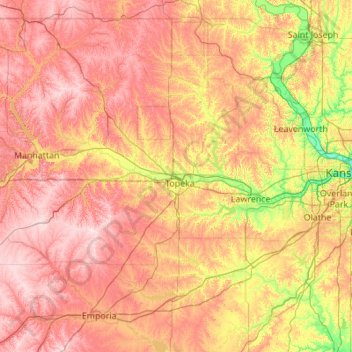 Topografische kaart Kansas River, hoogte, reliëf