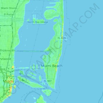 Topografische kaart Miami Beach, hoogte, reliëf