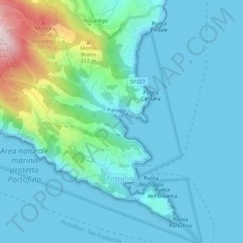 Topografische kaart Portofino, hoogte, reliëf
