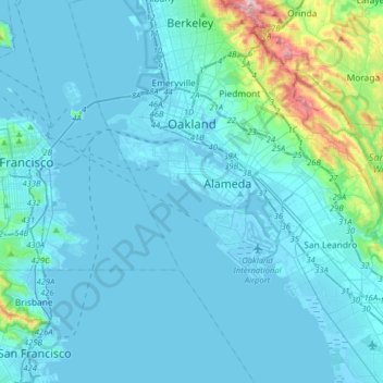 Topografische kaart Oakland, hoogte, reliëf