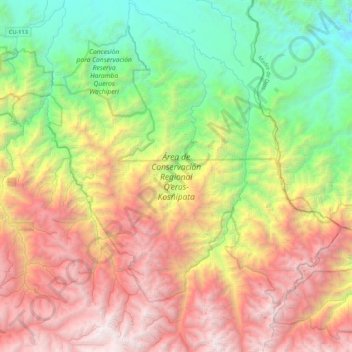 Topografische kaart Área de Conservación Regional Q’eros-Kosñipata, hoogte, reliëf