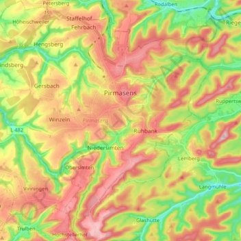 Topografische kaart Pirmasens, hoogte, reliëf