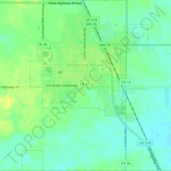 Topografische kaart Blooming Prairie, hoogte, reliëf