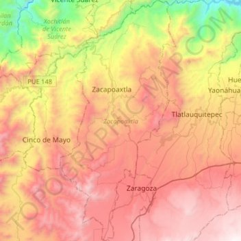 Topografische kaart Zacapoaxtla, hoogte, reliëf