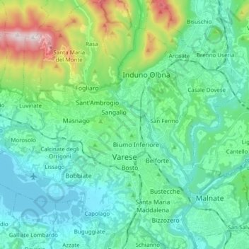 Topografische kaart Varese, hoogte, reliëf