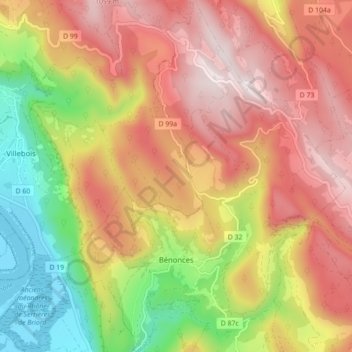Topografische kaart Bénonces, hoogte, reliëf