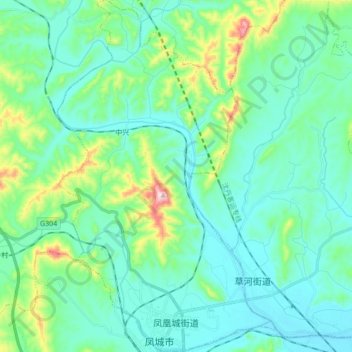 Topografische kaart Fenghuangcheng Subdistrict, hoogte, reliëf