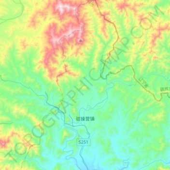 Topografische kaart Zhucaoying, hoogte, reliëf